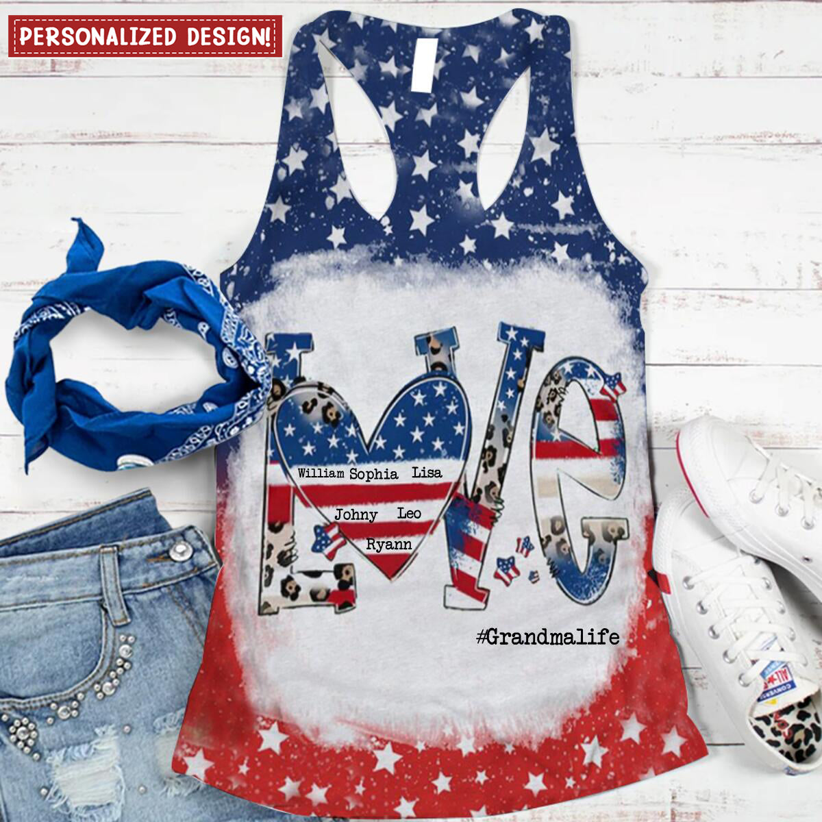 Personalized Love Grandma life 4th July American Flag Leopard T Shirt