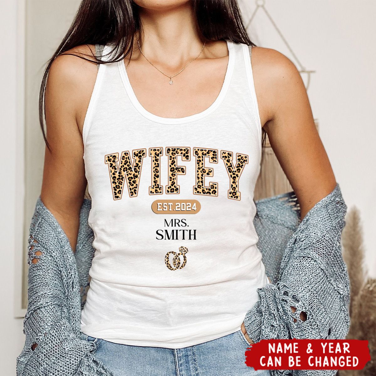 Gift for Her,Personalized Leopard Print Wifey Est Racer Back Tank Top