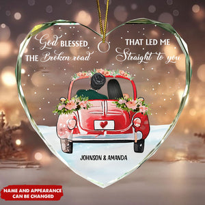 God Blessed The Broken Road Christmas Couples - Personalized Heart Shaped Glass Ornament