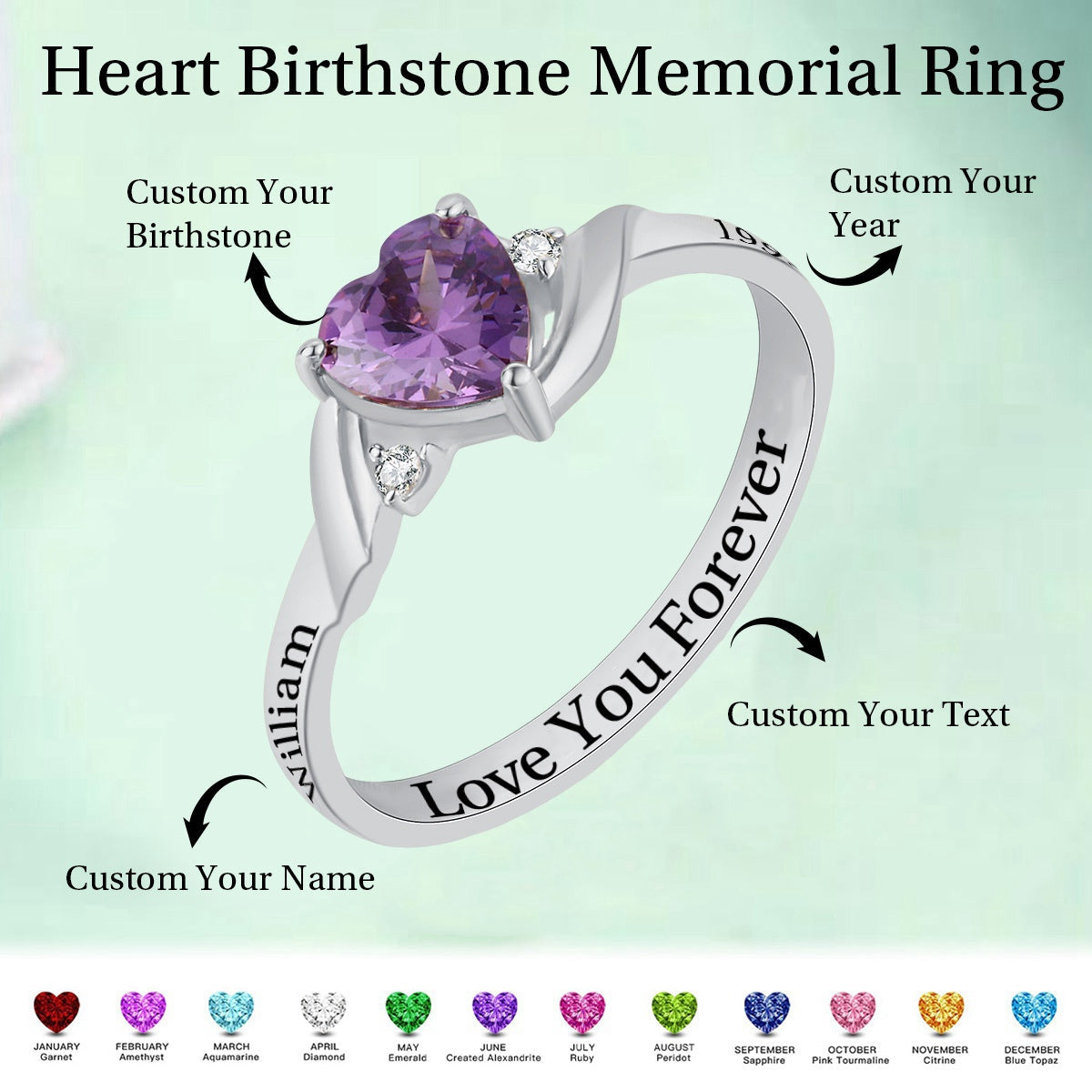 Personalized Birthstone Name Memorial Ring