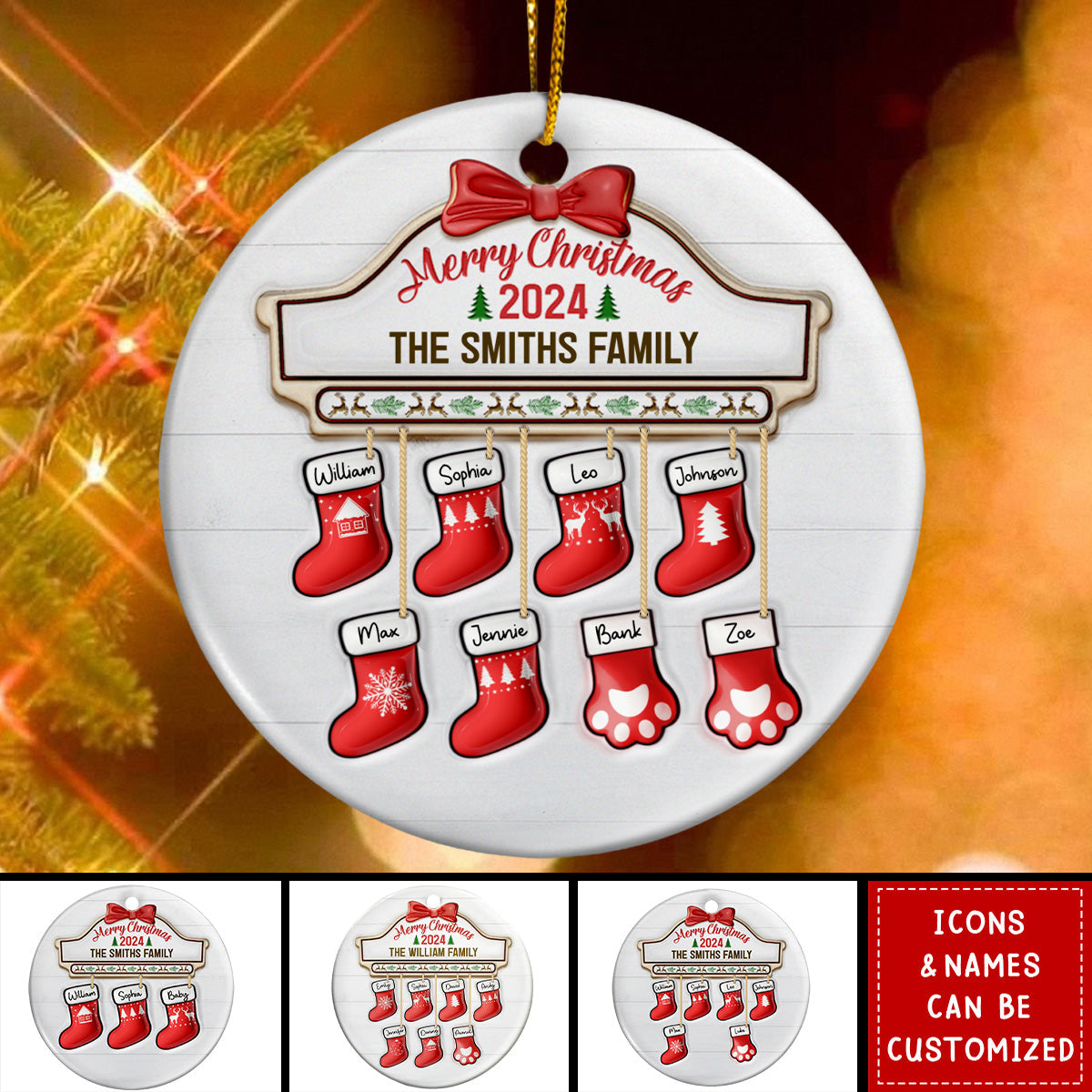 Family Red Sock Stocking-Printed Personalized Circle Ceramic Ornament