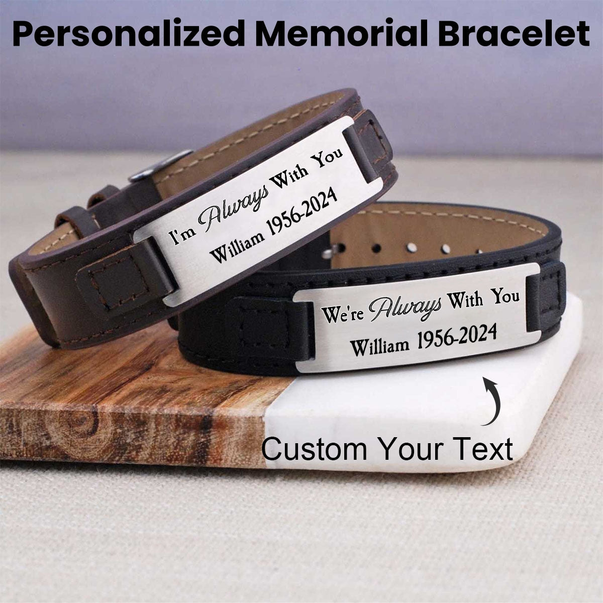 Personalized Custom Memorial Text Leather Bracelet