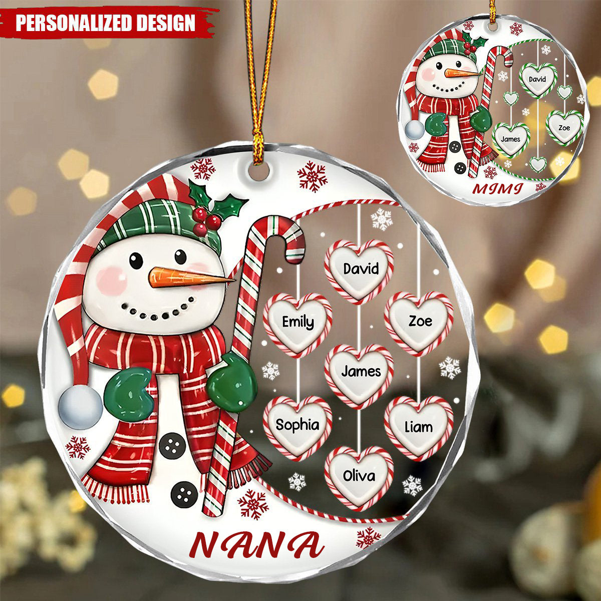 Personalized Grandma's Sweetheart Snowman Candy Circle Glass Ornament