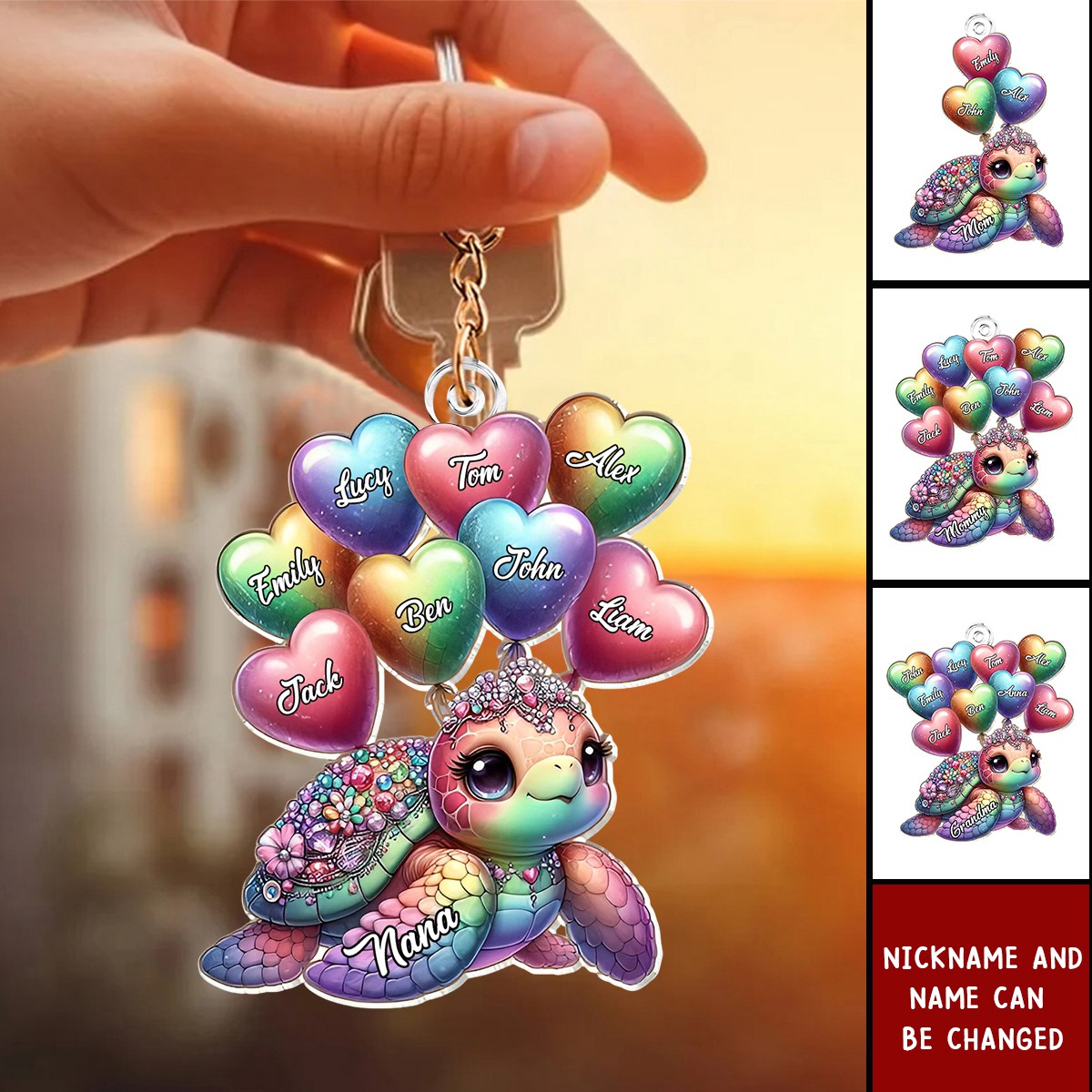 Pretty Sea Turtle Grandma Mom With Balloon Kids Personalized Acrylic Keychain