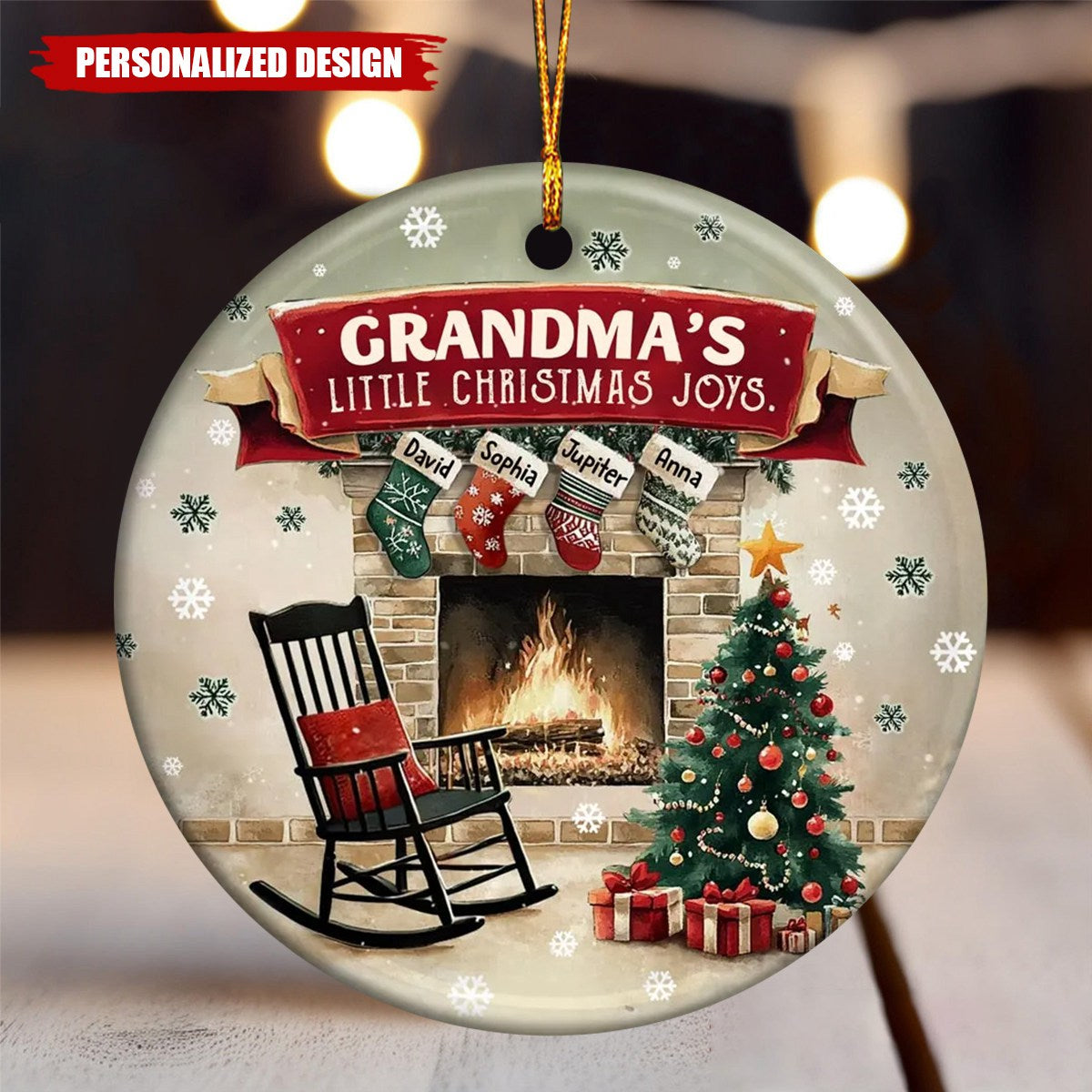 Personalized Grandma’s Little Christmas Joys Fireplace Stocking Circle Ceramic Ornament