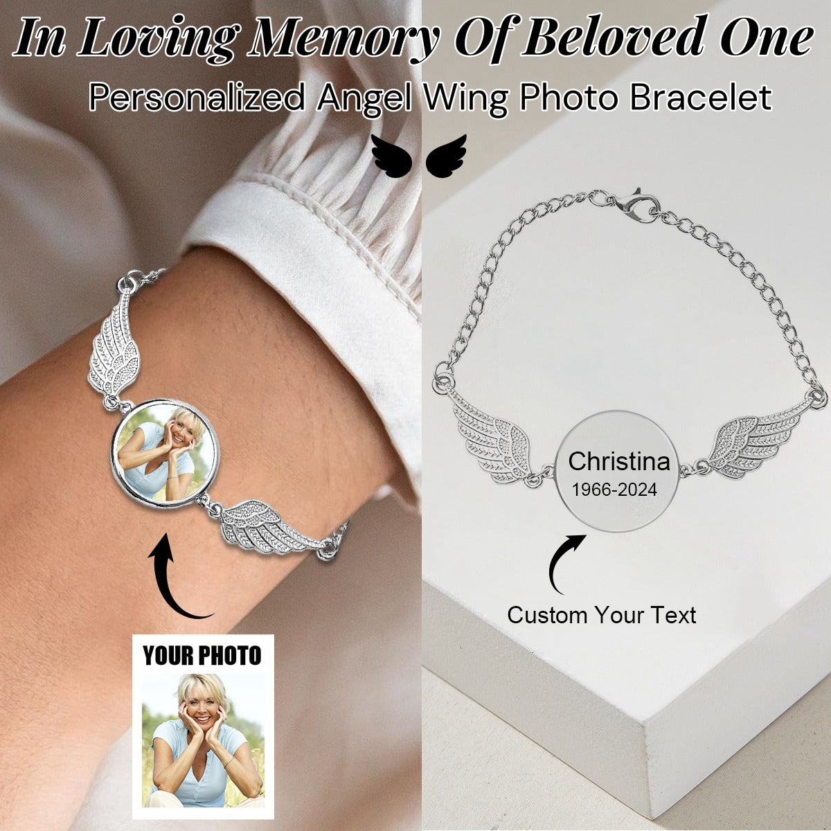 Personalized Round Custom Picture Angel Wings Bracelet - Gift For Christmas