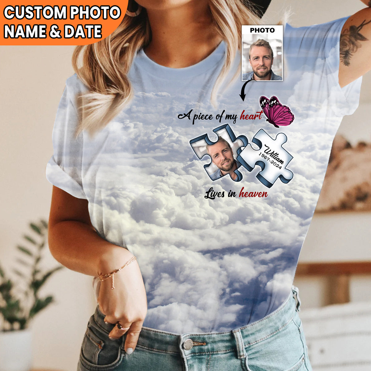 A Piece Of My Heart Lives In Heaven Upload Photo Personalized 3D T-shirt