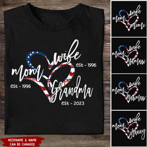 Wife Mom Gigi Est Year And Grandkids Usa Flag Heart Personalized Shirt