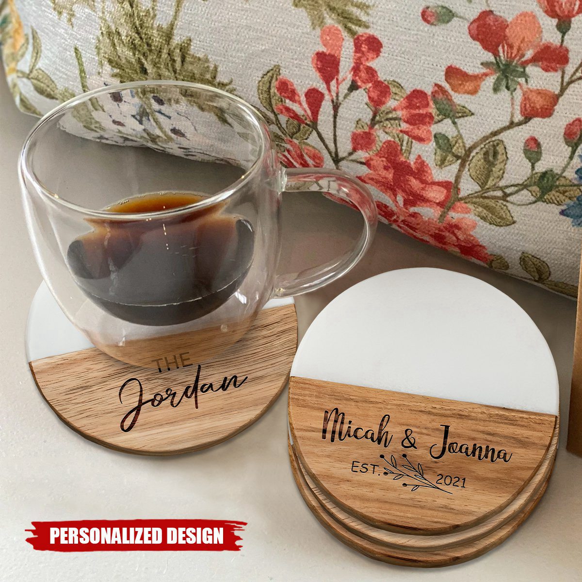 Custom Engraved Marble Wood Coasters, Personalized Cup Mat Coaster Set