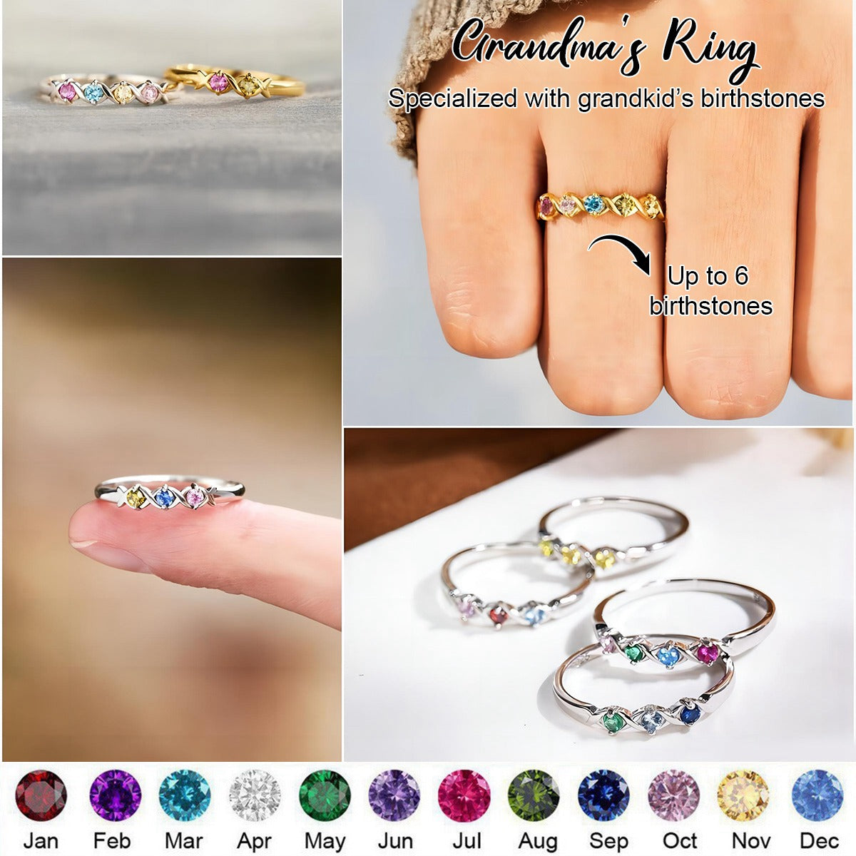 Personalized Grandma Mom 1-6 Birthstones Family Ring