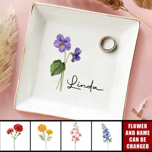 Personalized Birth Flowers Name Custom Jewelry Dish