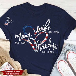 Wife Mom Gigi Est Year And Grandkids Usa Flag Heart Personalized Shirt