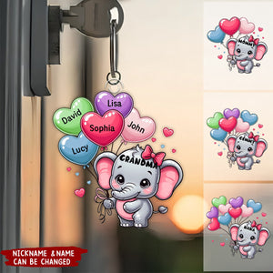 Cute Elephant Grandma With Sweetheart Balloon Grandkids Personalized Keychain