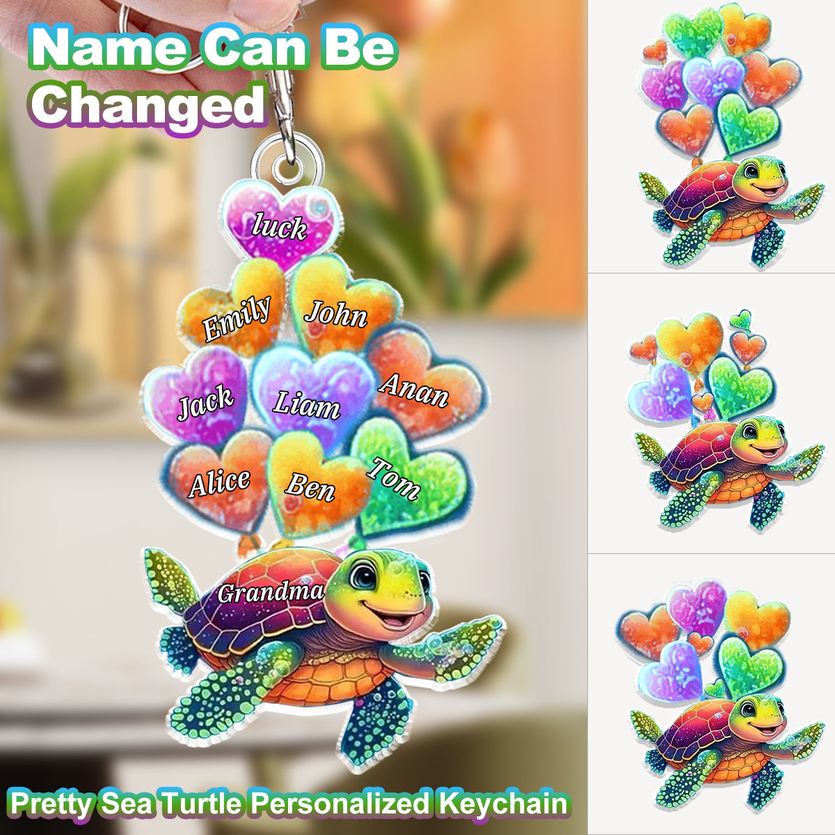 Sea Turtle Grandma Mom With Sweet Heart Kids Personalized Keychain