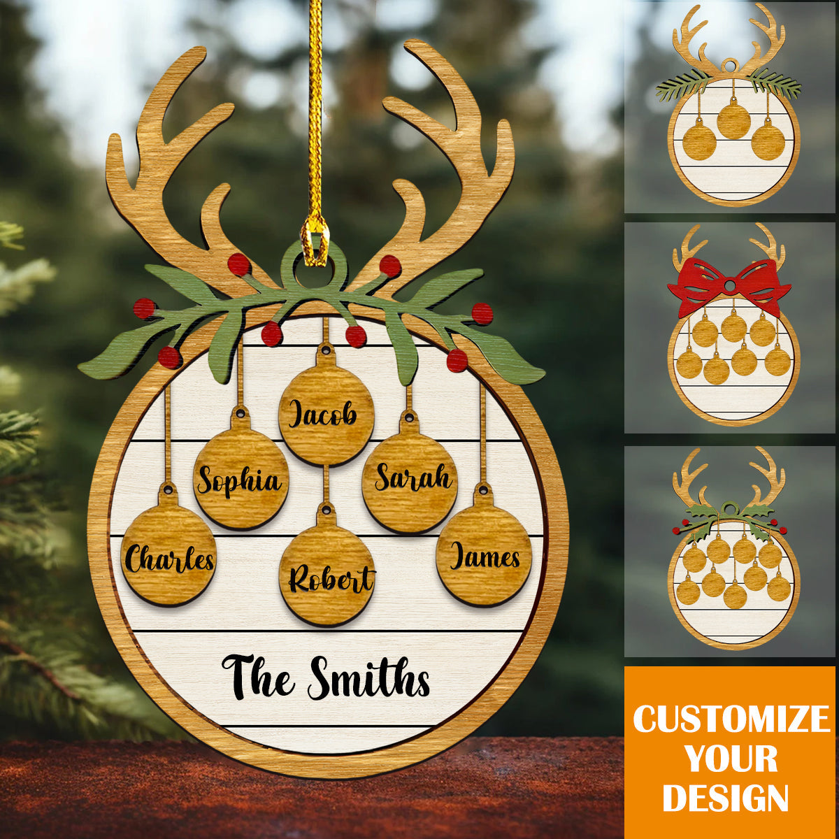 Elk Family-Personalized Family Name Customized Double-Layer Wooden Ornament