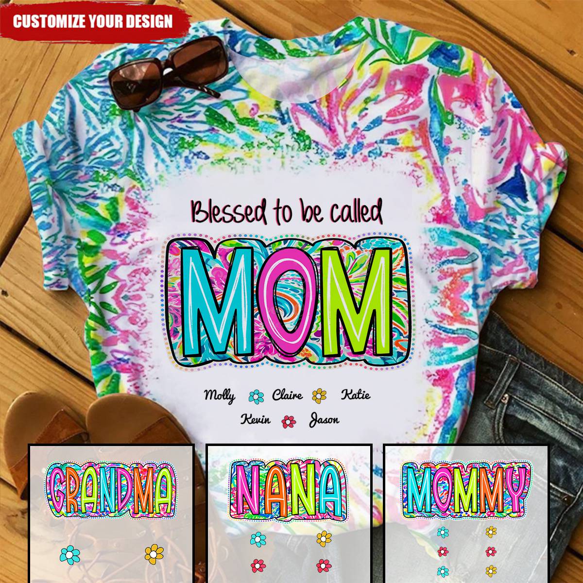 Grandma Nana Gigi Scribble Doodle Grandkids Personalized 3D T-shirt