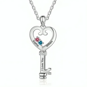 Personalized Birthstone Heart Key Couple Necklace