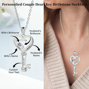 Personalized Birthstone Heart Key Couple Necklace