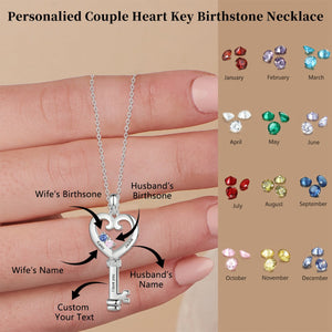 Personalized Birthstone Heart Key Couple Necklace