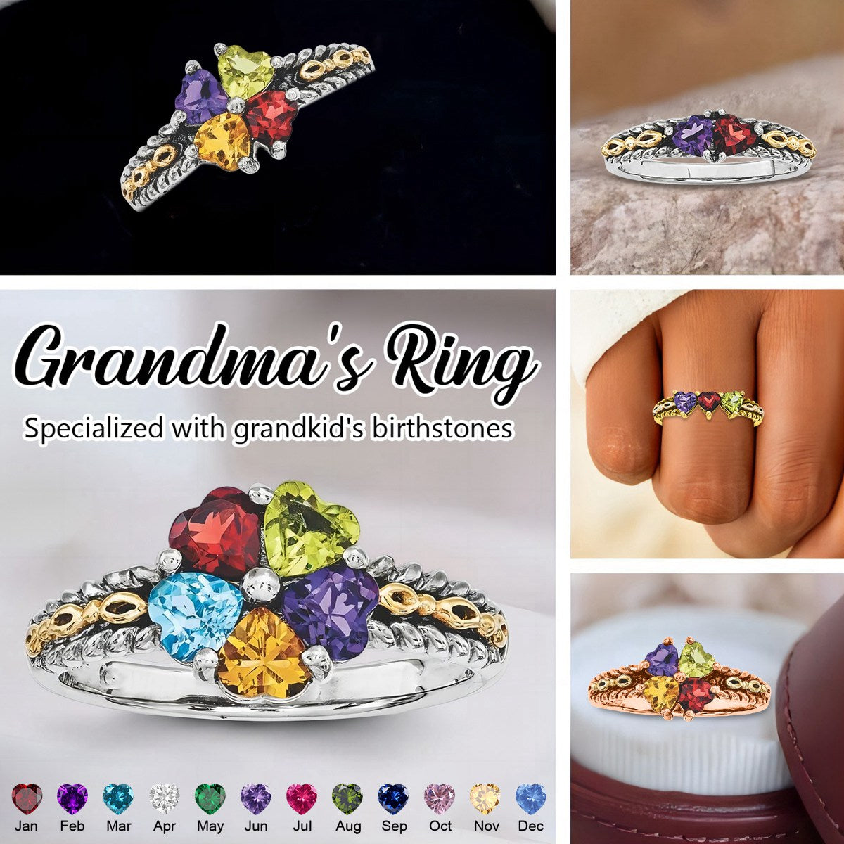 Personalized Grandma Mom Family 2-5 Birthstones Ring - Gift For Christmas