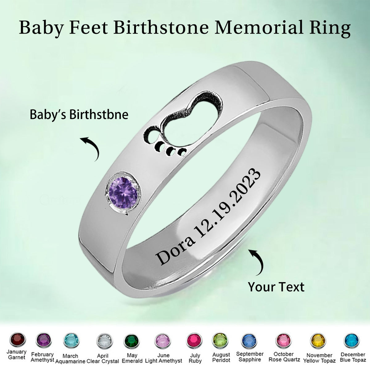 Personalized Memorial Baby Feet Ring with Birthstone