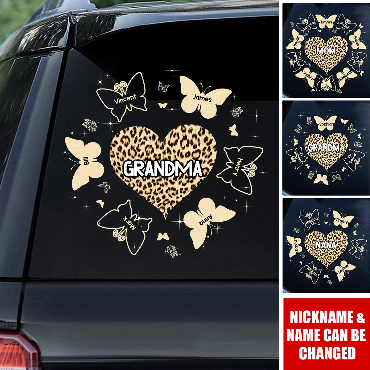 Grandma Mom Heart Butterfly Around Leopard Personalized Sticker