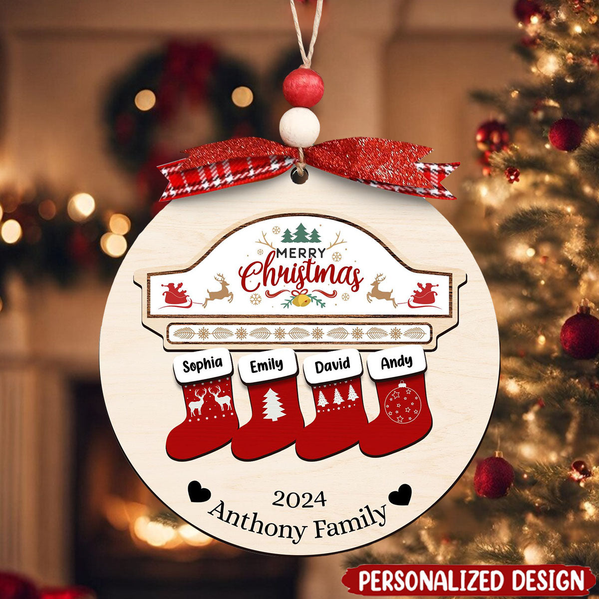 Personalized Customized Wooden Christmas Socking Ornament