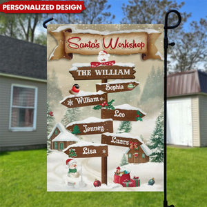 Personalized Christmas Garden Flag – Santa’s Workshop Signpost With Family Names