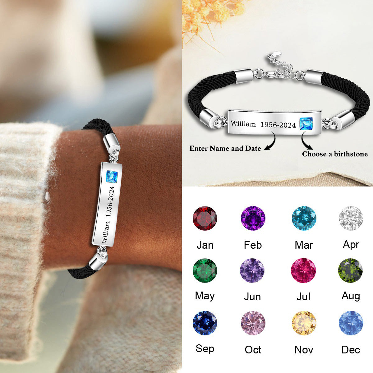 Personalized Memorial Name Birthstone Adjustable Bracelet