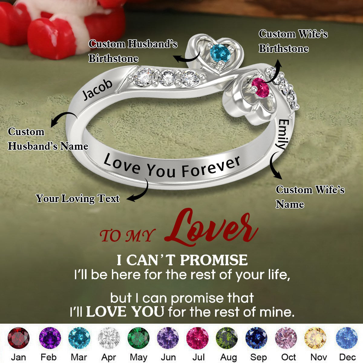 Personalized Couple Promise Heart Birthstones Ring