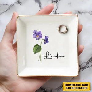 Personalized Birth Flowers Name Custom Jewelry Dish