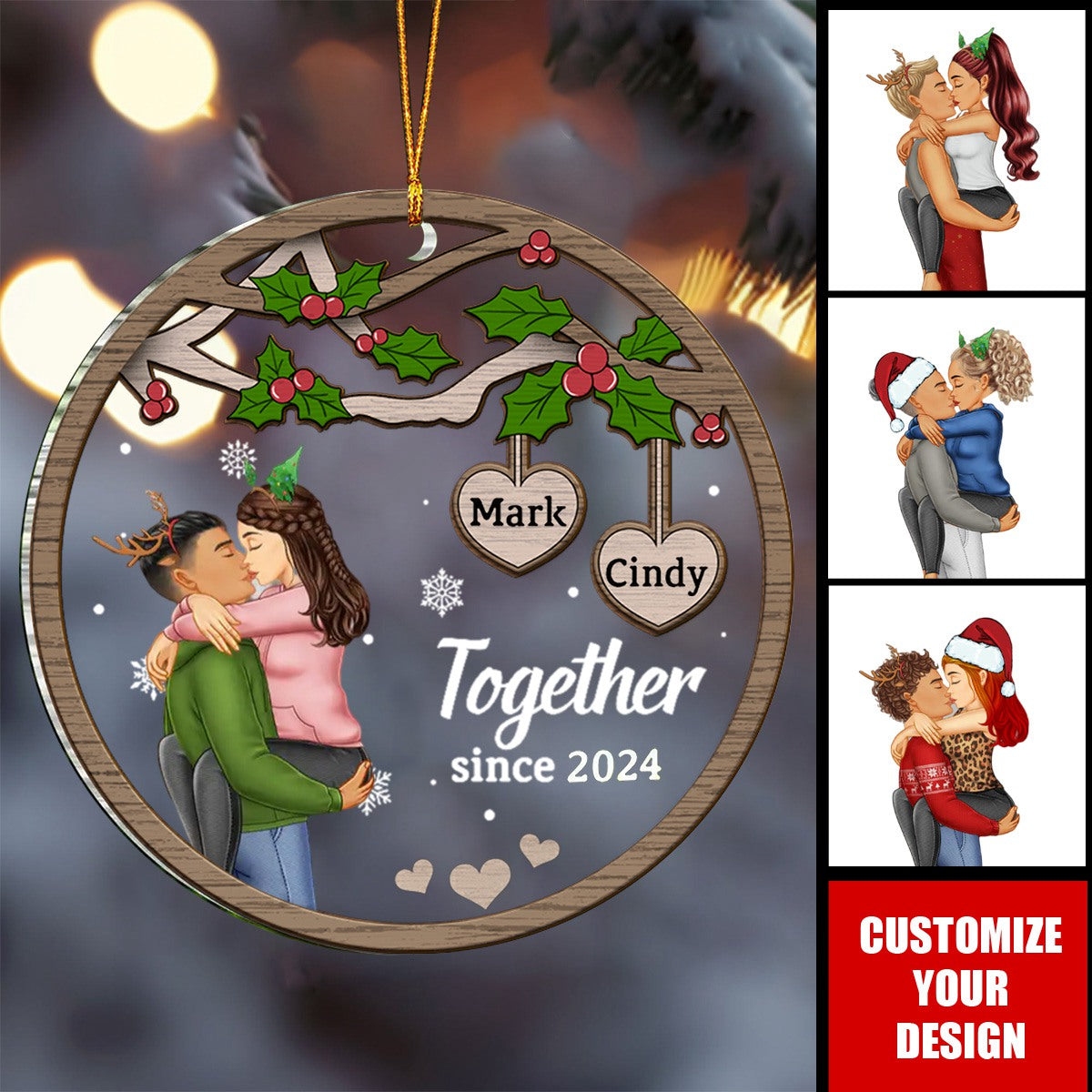 Christmas Couple Kissing Under Mistletoe - Personalized 2-Layered Mix Ornament