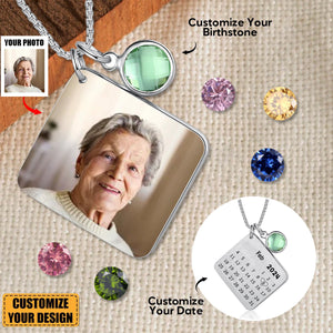 Personalized Photo Necklace with Calendar and Birthstone Engraving Memorial Gift