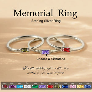 In Loving Memory - Personalized Rectangle Birthstone Memorial Sterling Silver Ring