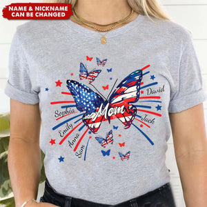 Grandma Butterfly Flag Star And Grandkids 4th of july Personalized Shirt