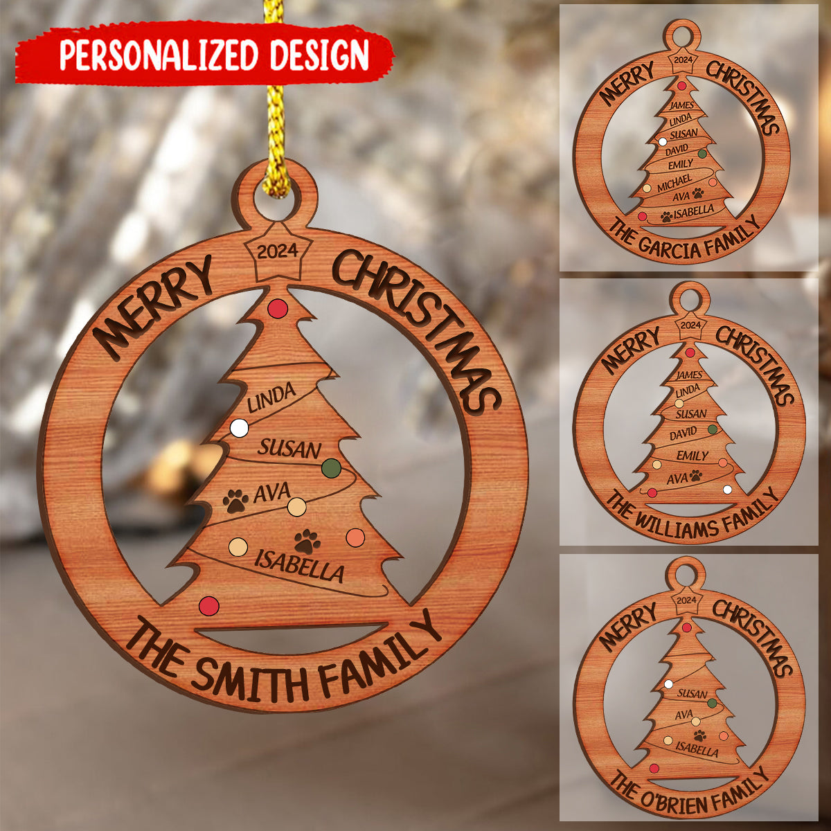 Family Christmas Tree With Names Personalized Wooden Ornament