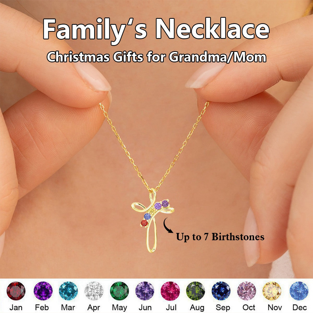 Personalized Grandma Mom 1-7 Family Cross Birthstones Necklace