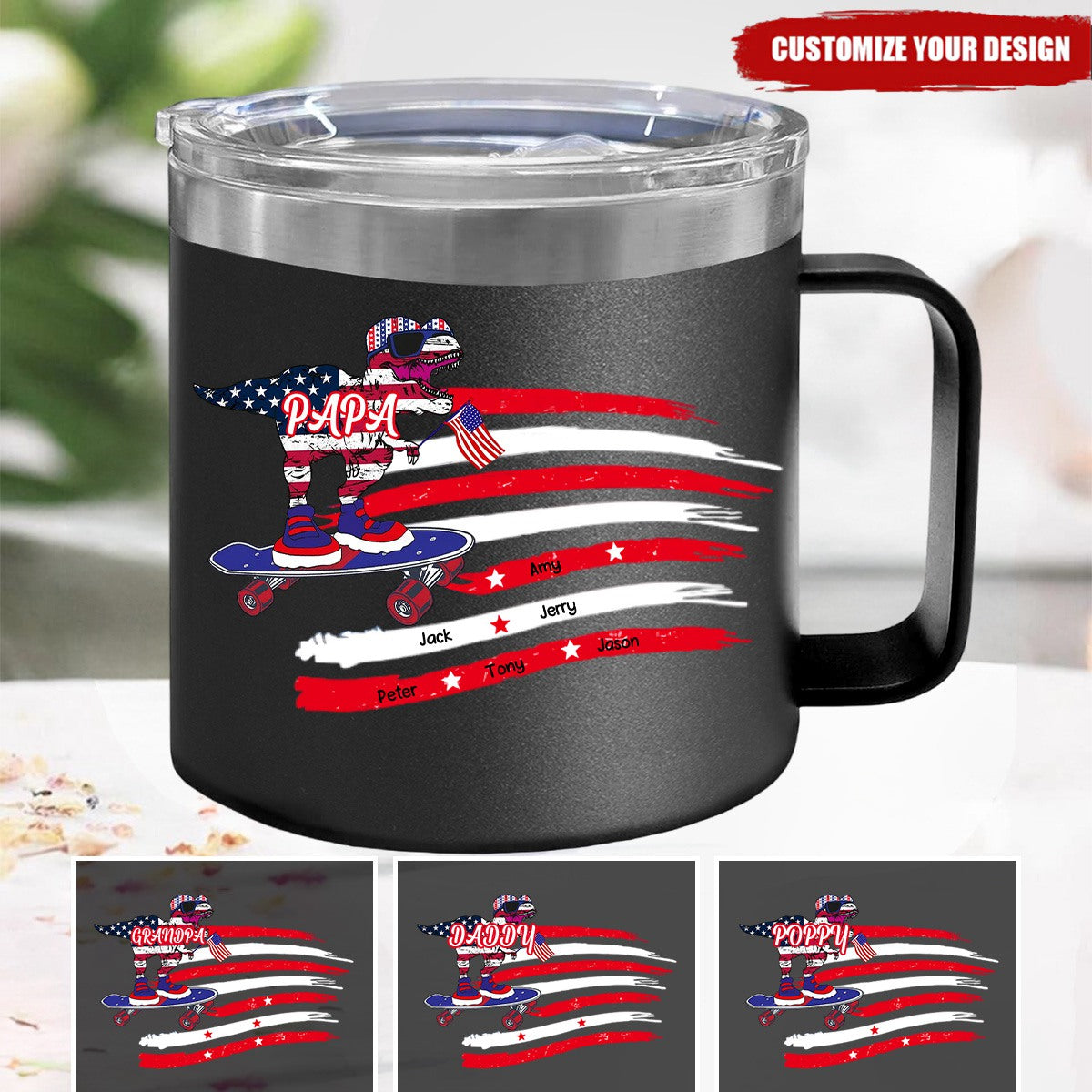 Dinosaur Grandpa Grandma Independence Day-Personalized 14oz Stainless Steel Tumbler