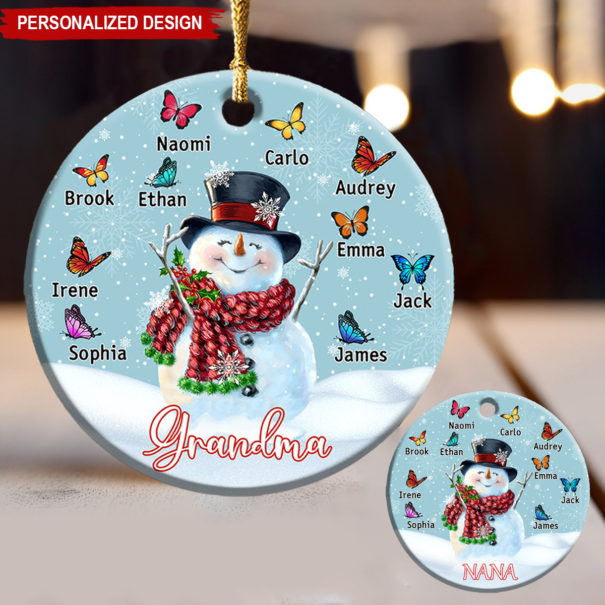 Personalized Christmas Snowman Grandma Butterfly Ornament - Gift For Grandma