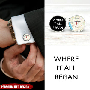 Personalized Where It All Began Map Silver Cufflinks - Gift For Couple