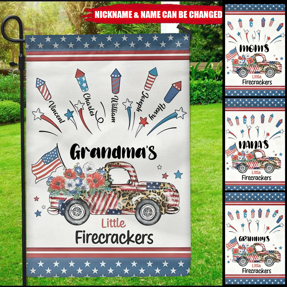 Grandma's Firecrackers Garden Personalized Independence Day Garden Flag