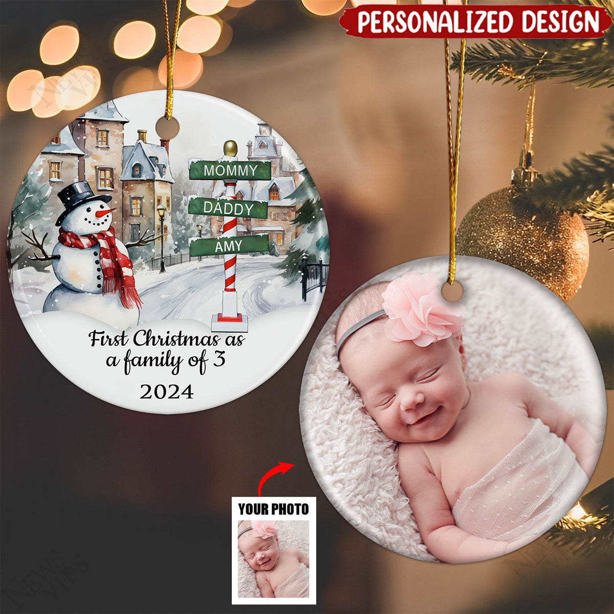 Firtst Christmas For A Family Of Three - Personalized Ceramic Ornament