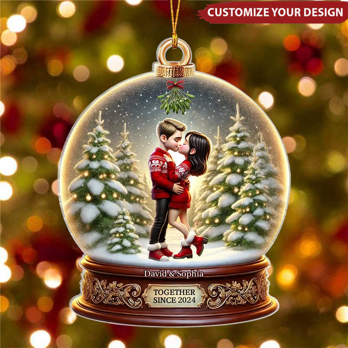 Pretty Couple Kissing Under Mistletoe 3D Realistic Snow Globe Personalized Ornament