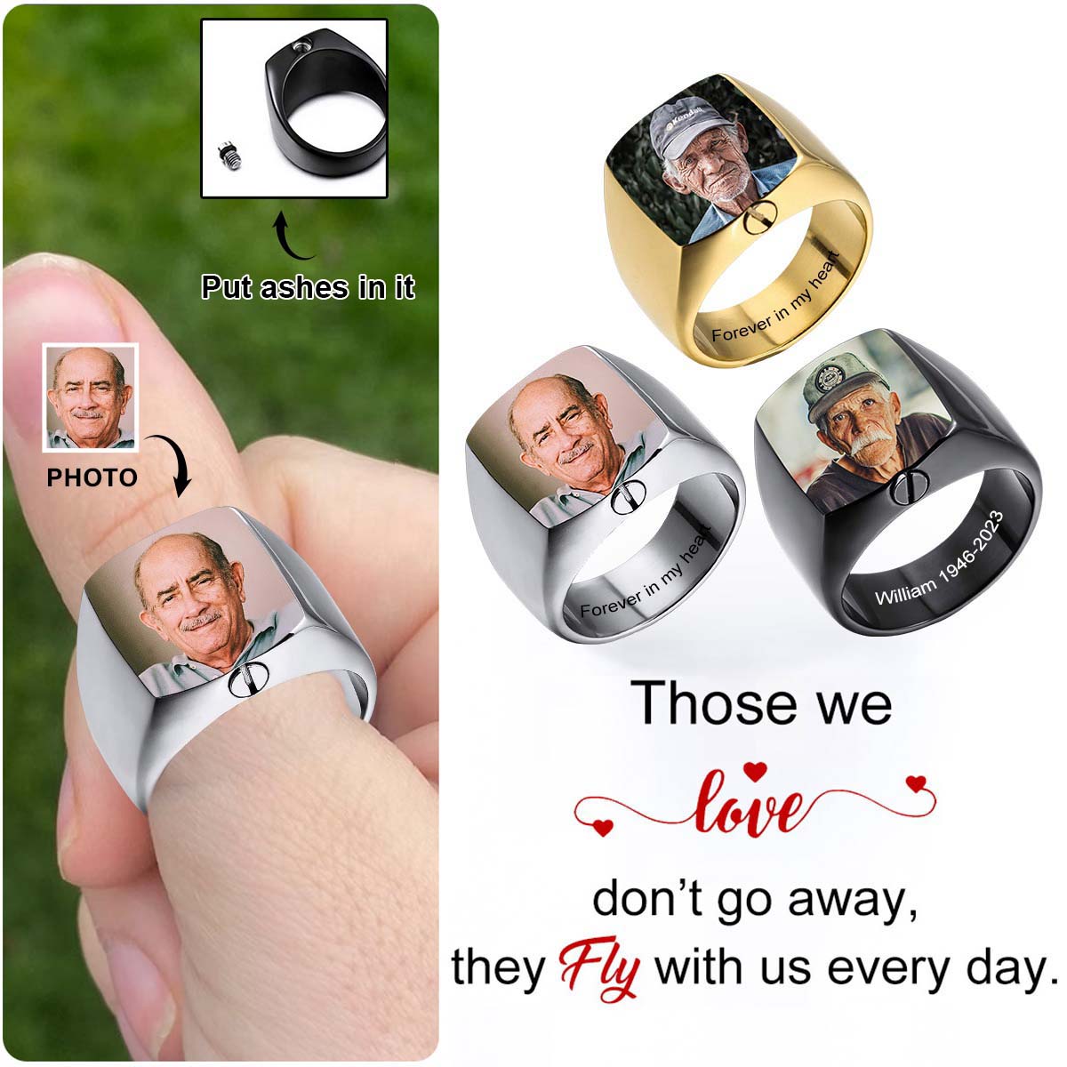 Personalized Upload Image Memorial Urn Ring for Ashes