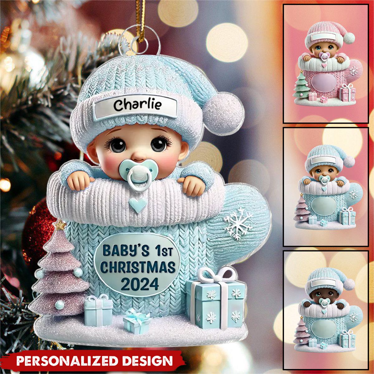 Baby In Mitten 3D Effect Baby's First Christmas Personalized Acrylic Ornament