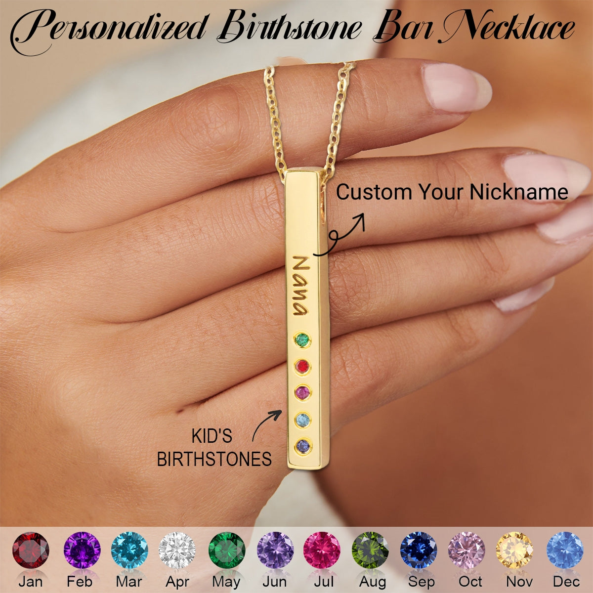 Personalized Grandma Mom Family Birthstone Bar Necklace