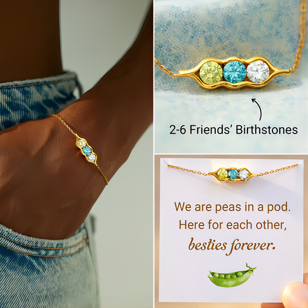 Personalized Bestie Forever Peas in a Pod 2-6 Birthstones Bracelet