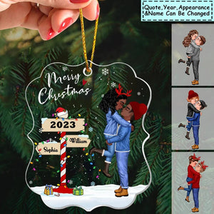 Winter Couple Hugging Kissing In The Snow Personalized Acrylic Christmas Ornament