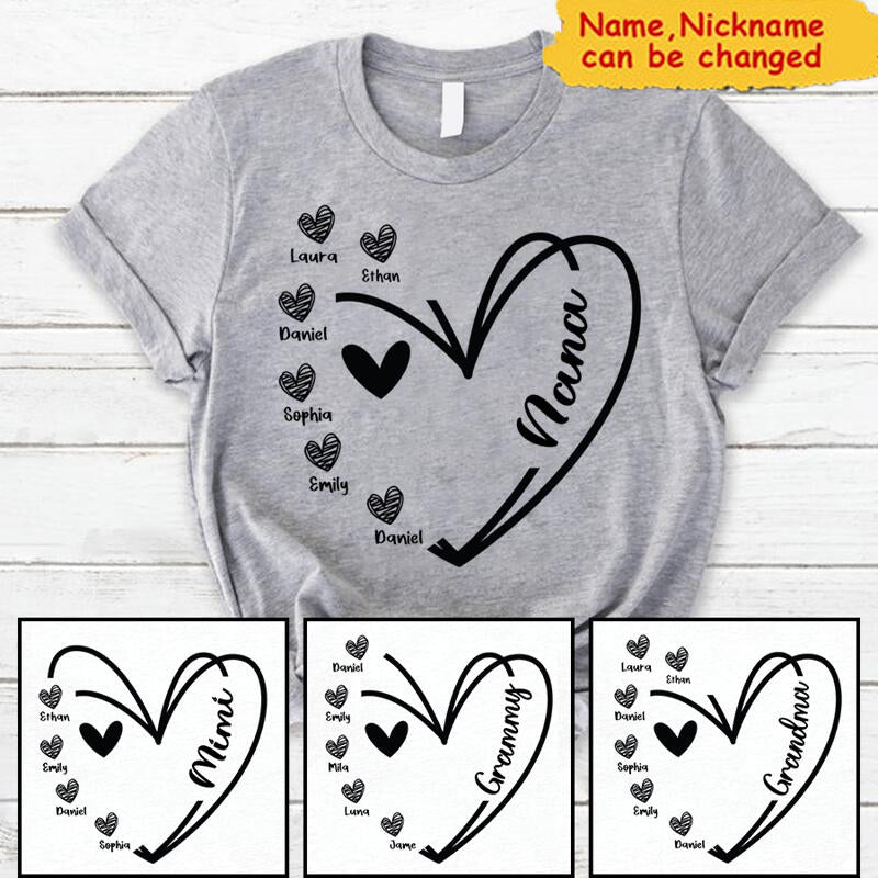 Nana Grandma And Kids Hand Draw Heart Custom Name Personalized Shirt