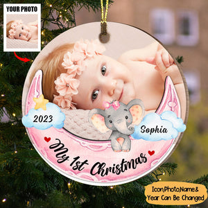 Elephant Baby And Moon First Christmas Personalized Circle Ornament